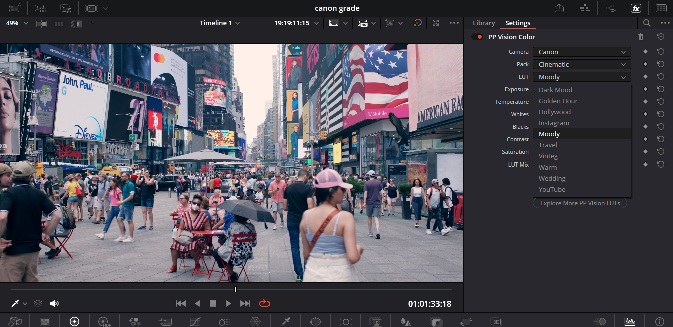 Select your look in PP Vision Color Plugin